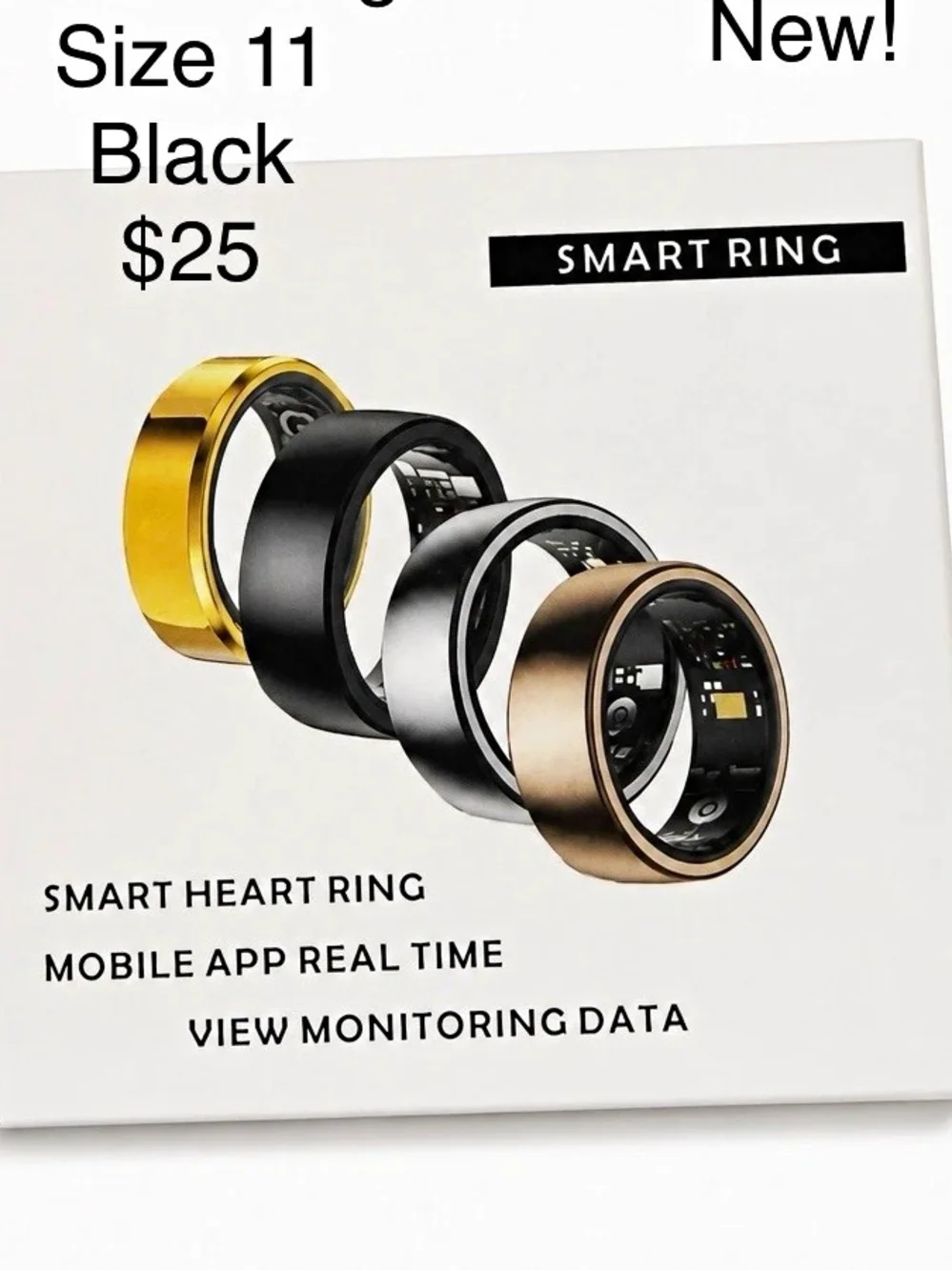 Smart Ring Activity Tracker Heart Rate Monitor, Size 11, Black, Unisex Adults